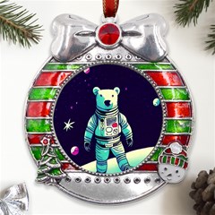 Bear Astronaut Futuristic Metal X mas Ribbon With Red Crystal Round Ornament by Bedest