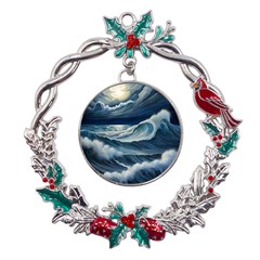 Waves Storm Sea Metal X mas Wreath Holly Leaf Ornament by Bedest