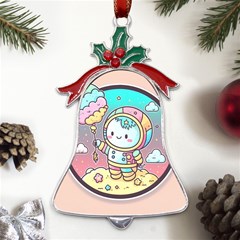 Boy Astronaut Cotton Candy Metal Holly Leaf Bell Ornament by Bedest