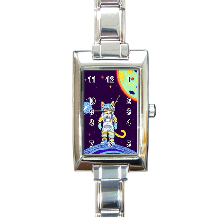 Cat Astronaut Space Retro Universe Rectangle Italian Charm Watch