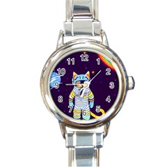 Cat Astronaut Space Retro Universe Round Italian Charm Watch by Bedest