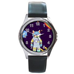 Cat Astronaut Space Retro Universe Round Metal Watch by Bedest