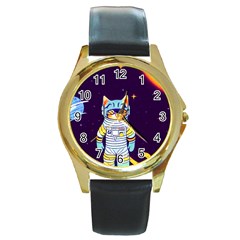 Cat Astronaut Space Retro Universe Round Gold Metal Watch by Bedest