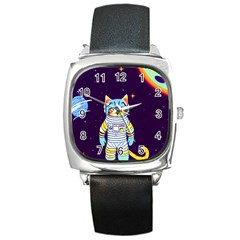 Cat Astronaut Space Retro Universe Square Metal Watch by Bedest