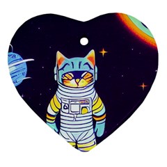 Cat Astronaut Space Retro Universe Heart Ornament (two Sides) by Bedest