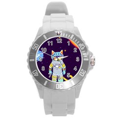 Cat Astronaut Space Retro Universe Round Plastic Sport Watch (l) by Bedest