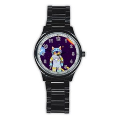 Cat Astronaut Space Retro Universe Stainless Steel Round Watch by Bedest