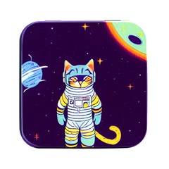 Cat Astronaut Space Retro Universe Square Metal Box (black) by Bedest