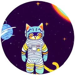 Cat Astronaut Space Retro Universe Wooden Puzzle Round by Bedest