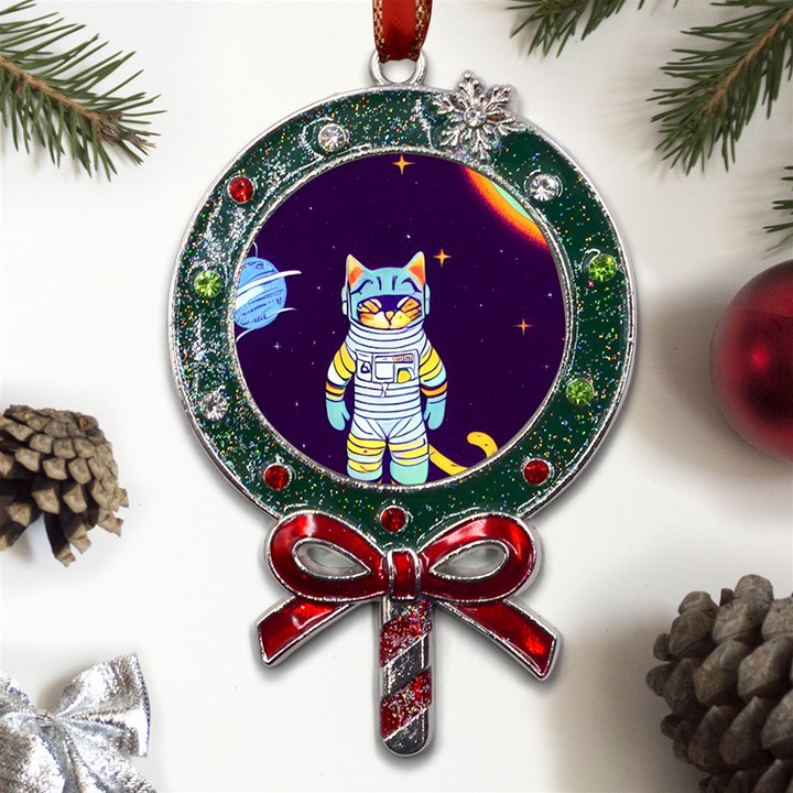 Cat Astronaut Space Retro Universe Metal X Mas Lollipop with Crystal Ornament