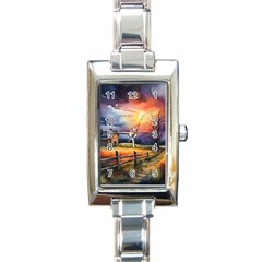 Rural Farm Fence Pathway Sunset Rectangle Italian Charm Watch