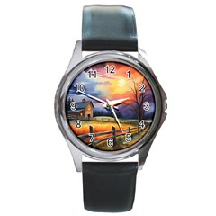 Rural Farm Fence Pathway Sunset Round Metal Watch