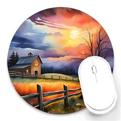 Rural Farm Fence Pathway Sunset Round Mousepad