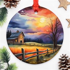 Rural Farm Fence Pathway Sunset Ornament (Round)