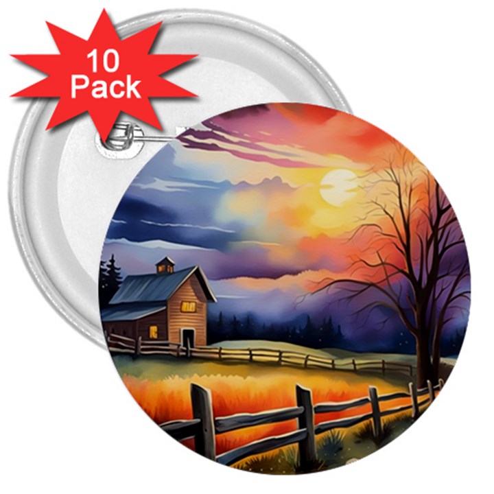 Rural Farm Fence Pathway Sunset 3  Buttons (10 pack) 