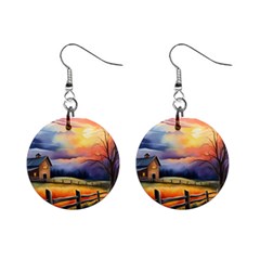 Rural Farm Fence Pathway Sunset Mini Button Earrings