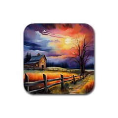 Rural Farm Fence Pathway Sunset Rubber Square Coaster (4 pack)