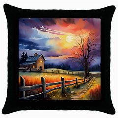 Rural Farm Fence Pathway Sunset Throw Pillow Case (Black)