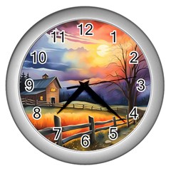 Rural Farm Fence Pathway Sunset Wall Clock (Silver)