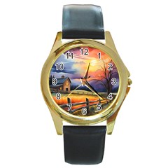 Rural Farm Fence Pathway Sunset Round Gold Metal Watch