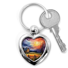 Rural Farm Fence Pathway Sunset Key Chain (Heart)