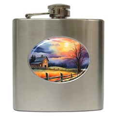 Rural Farm Fence Pathway Sunset Hip Flask (6 Oz) by Bedest