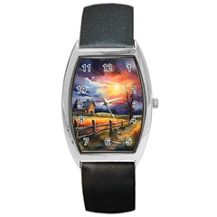 Rural Farm Fence Pathway Sunset Barrel Style Metal Watch