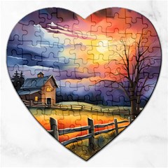 Rural Farm Fence Pathway Sunset Jigsaw Puzzle (Heart)