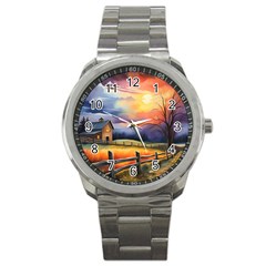 Rural Farm Fence Pathway Sunset Sport Metal Watch