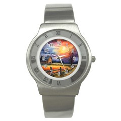 Rural Farm Fence Pathway Sunset Stainless Steel Watch