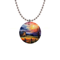 Rural Farm Fence Pathway Sunset 1  Button Necklace