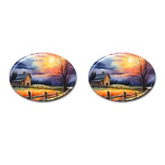 Rural Farm Fence Pathway Sunset Cufflinks (Oval)