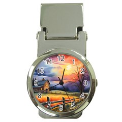 Rural Farm Fence Pathway Sunset Money Clip Watches