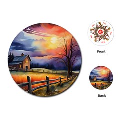 Rural Farm Fence Pathway Sunset Playing Cards Single Design (round) by Bedest