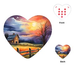 Rural Farm Fence Pathway Sunset Playing Cards Single Design (Heart)