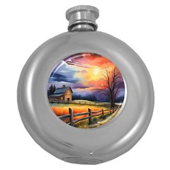 Rural Farm Fence Pathway Sunset Round Hip Flask (5 oz)