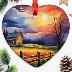 Rural Farm Fence Pathway Sunset Heart Ornament (Two Sides)