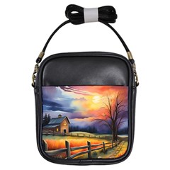 Rural Farm Fence Pathway Sunset Girls Sling Bag