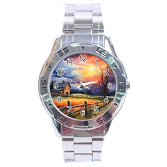 Rural Farm Fence Pathway Sunset Stainless Steel Analogue Watch