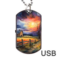 Rural Farm Fence Pathway Sunset Dog Tag USB Flash (Two Sides)