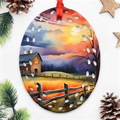 Rural Farm Fence Pathway Sunset Ornament (Oval Filigree)