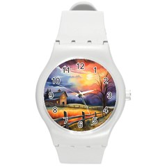 Rural Farm Fence Pathway Sunset Round Plastic Sport Watch (m) by Bedest