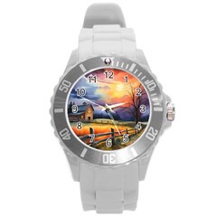 Rural Farm Fence Pathway Sunset Round Plastic Sport Watch (L)