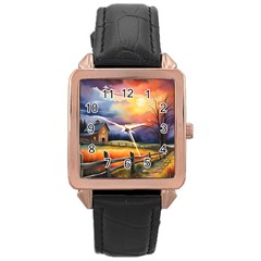 Rural Farm Fence Pathway Sunset Rose Gold Leather Watch 