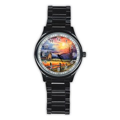 Rural Farm Fence Pathway Sunset Stainless Steel Round Watch