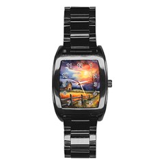 Rural Farm Fence Pathway Sunset Stainless Steel Barrel Watch