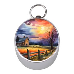 Rural Farm Fence Pathway Sunset Mini Silver Compasses