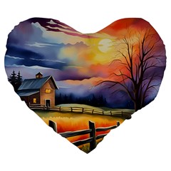 Rural Farm Fence Pathway Sunset Large 19  Premium Flano Heart Shape Cushions