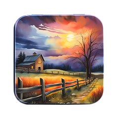 Rural Farm Fence Pathway Sunset Square Metal Box (Black)