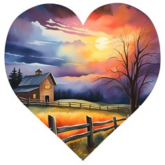 Rural Farm Fence Pathway Sunset Wooden Puzzle Heart